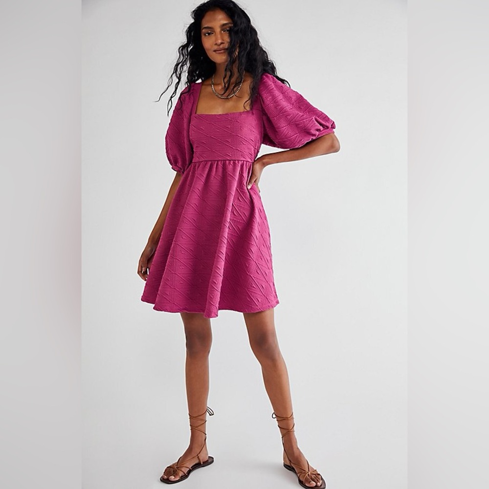 Free People Magenta Square-Neck Puff Sleeve Mini Dress